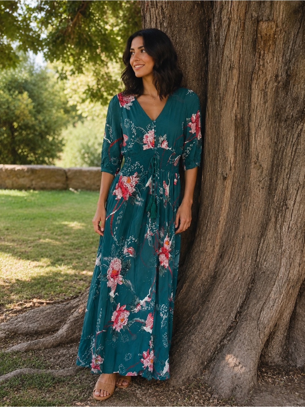 Jaase Teal Floral Maxi Dress with Pink Blooms tie waist size small